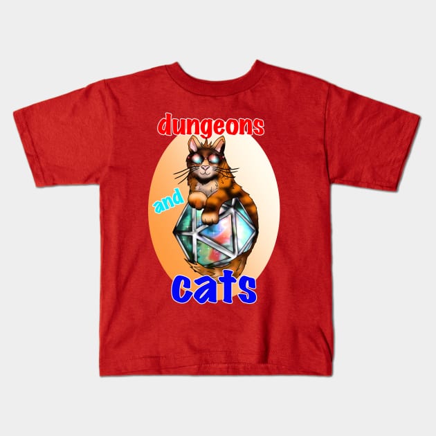 Cool ginger cat dungeon meowster with dnd D20 dice Kids T-Shirt by cuisinecat